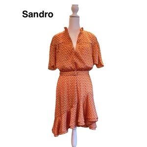 NWT Sandro Belted Ruffled Mini Dress. Color Is Abricot. Size 10 US | FR 42